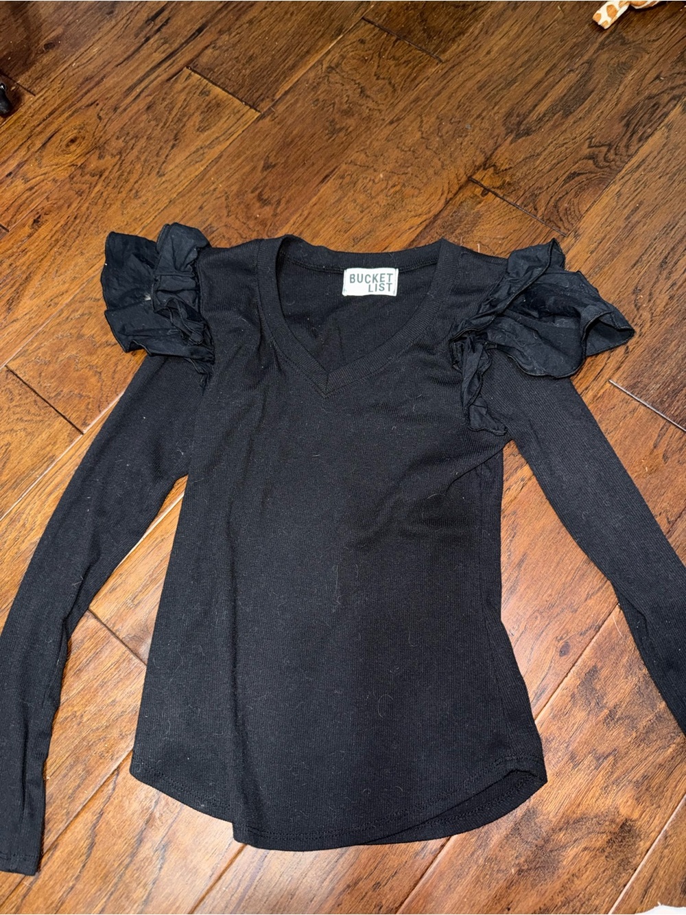 BUCKETLIST Black Ruffle-Shoulder V-Neck Long Sleeve Top